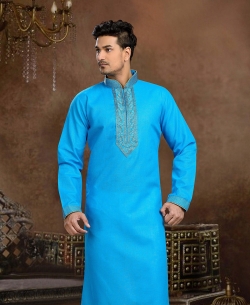 Blue Cotton, Linen Embroidered Border Kurta Pajama