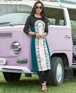 Blue Khadi Cotton Printed Straight Cut Kurtis