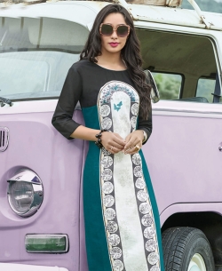 Blue Khadi Cotton Printed Straight Cut Kurtis