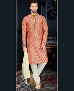 Peach Cotton Printed, Lace Border Kurta Pajama