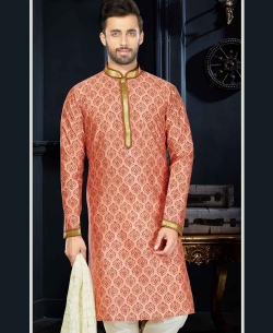 Peach Cotton Printed, Lace Border Kurta Pajama