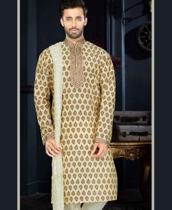 Beige Cotton Printed, Lace Border Kurta Pajama