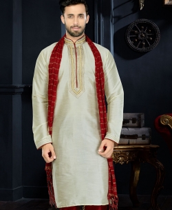 Cream Dupion Art  Silk Lace Border Kurta Pajama