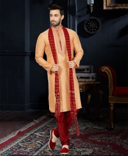 Peach Cotton Silk Thread Embroidered Kurta Pajama