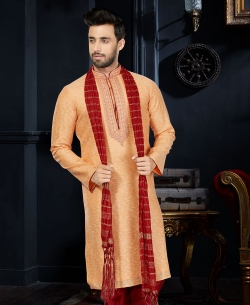 Peach Cotton Silk Thread Embroidered Kurta Pajama