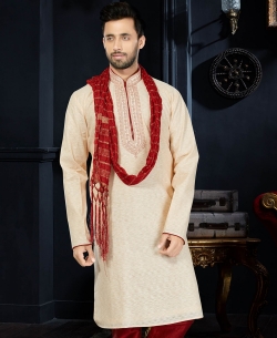 Cream Cotton Silk Thread Embroidered Kurta Pajama