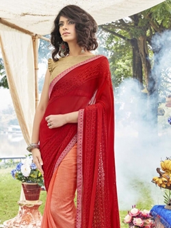 Maroon Georgette Printed Half And Half Sarees