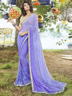 Lavendar Georgette Printed Half And Half Sarees