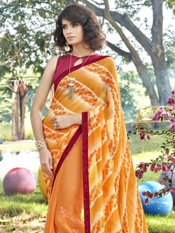 Orange Georgette Printed Half And Half Sarees