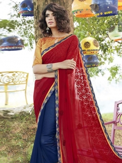 Maroon Georgette Printed Half And Half Sarees