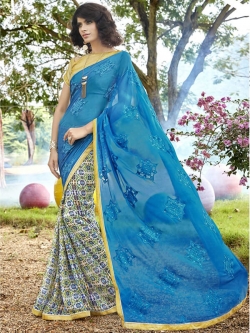 Sky Blue Georgette Printed Half And Half Sarees