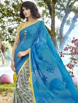 Sky Blue Georgette Printed Half And Half Sarees