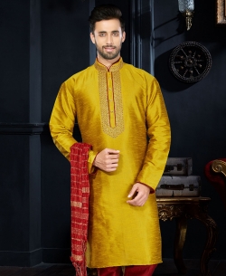 Yellow Dupion Art  Silk Embroidered Kurta Pajama