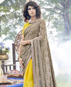 Yellow Georgette Printed Half And Half Sarees