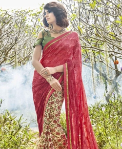 Maroon Georgette Printed Half And Half Sarees