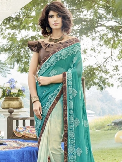 Green Georgette Printed Half And Half Sarees