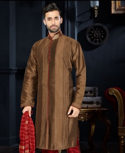 Brown Dupion Art  Silk Lace Border Kurta Pajama