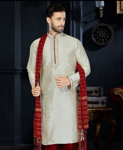 Cream Dupion Art  Silk Thread Embroidered Kurta Pajama