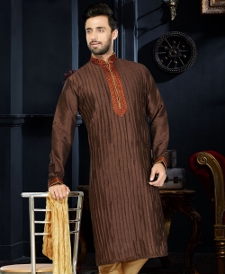 Brown Dupion Art  Silk Lace Border Kurta Pajama