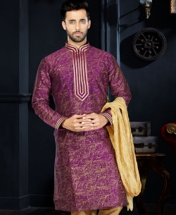 Purple Dupion Art  Silk Printed, Lace Border Kurta Pajama