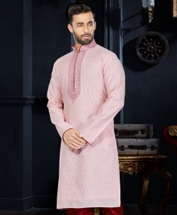 Pink Cotton Silk Thread Embroidered Kurta Pajama
