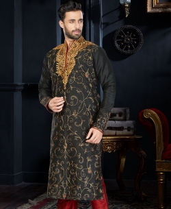 Black Dupion Art  Silk Thread And Zari Embroidered Kurta Pajama