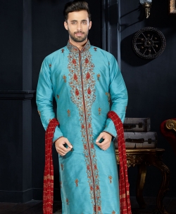 Blue Dupion Art  Silk Embroidered Kurta Pajama