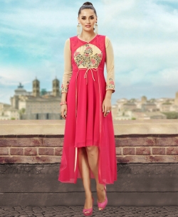 Beige & Peach Georgette Thread Embroidery & Stone Anarkali Kurtis