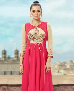 Beige & Peach Georgette Thread Embroidery & Stone Anarkali Kurtis