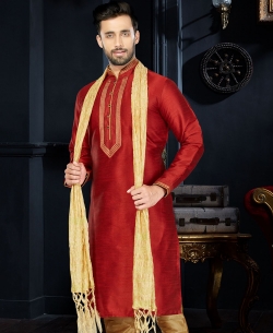 Maroon Dupion Art  Silk Lace Border Kurta Pajama