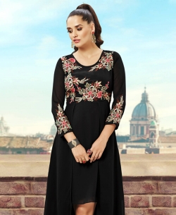 Black Georgette Thread Embroidery & Stone Anarkali Kurtis