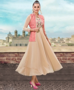 Beige Georgette Thread Embroidery & Stone Anarkali Kurtis