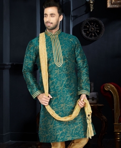 Green Cotton Silk Printed, Lace Border Kurta Pajama