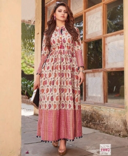 Cream Loan Cotton Printed Anarkali Kurtis