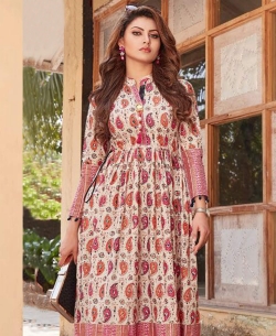 Cream Loan Cotton Printed Anarkali Kurtis
