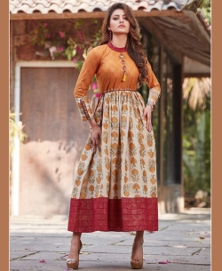 Yellow Loan Cotton Printed Anarkali Kurtis