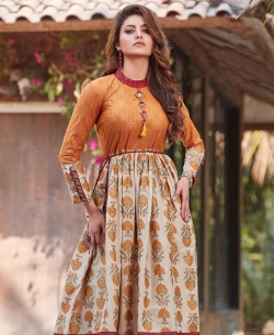 Yellow Loan Cotton Printed Anarkali Kurtis