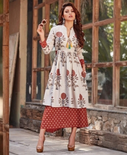 White Loan Cotton Printed Anarkali Kurtis