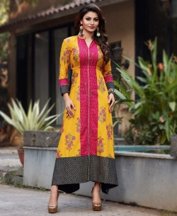 Yellow Loan Cotton Printed Anarkali Kurtis