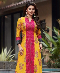 Yellow Loan Cotton Printed Anarkali Kurtis