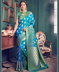 Sky Blue Top Dyed Silk Weaving Floral Design Traditional Sarees