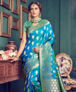 Sky Blue Top Dyed Silk Weaving Floral Design Traditional Sarees