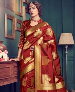 Maroon Top Dyed Silk Weaving Printed Traditional Sarees