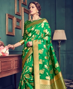 Green Top Dyed Silk Weaving Printed Traditional Sarees