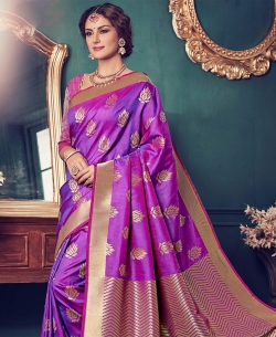 Purple Top Dyed Silk Weaving Floral Design Traditional Sarees
