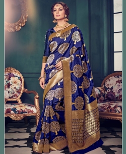 Navy Blue Top Dyed Silk Weaving Floral Design Traditional Sarees