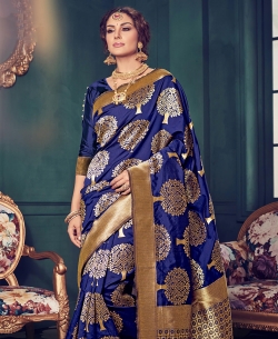 Navy Blue Top Dyed Silk Weaving Floral Design Traditional Sarees