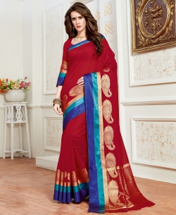 Red Cotton Silk Jacquard Border Border Suits