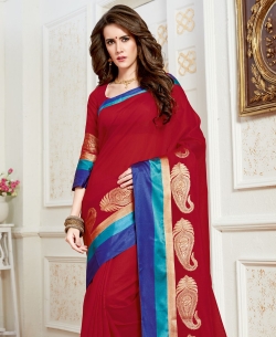 Red Cotton Silk Jacquard Border Border Suits