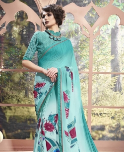 Sky Blue Weight Less Major Georgette Printed Regular Sarees